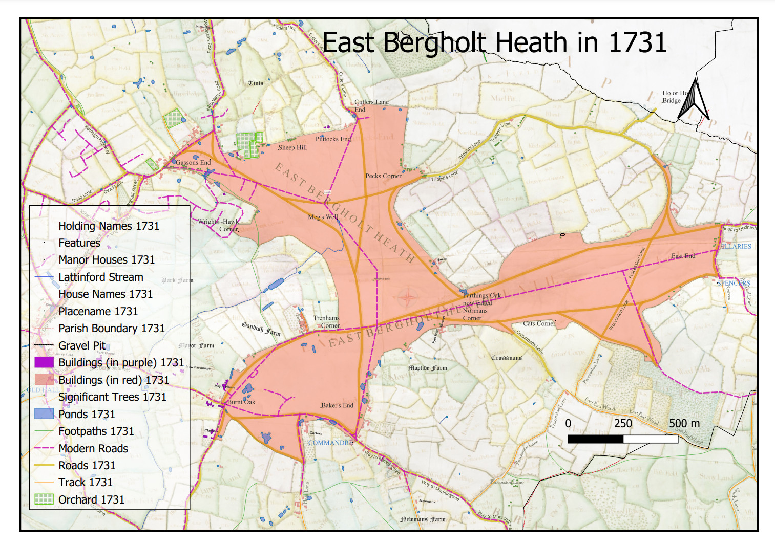 Bergholt Heatth - Map from 1731 with background<br>