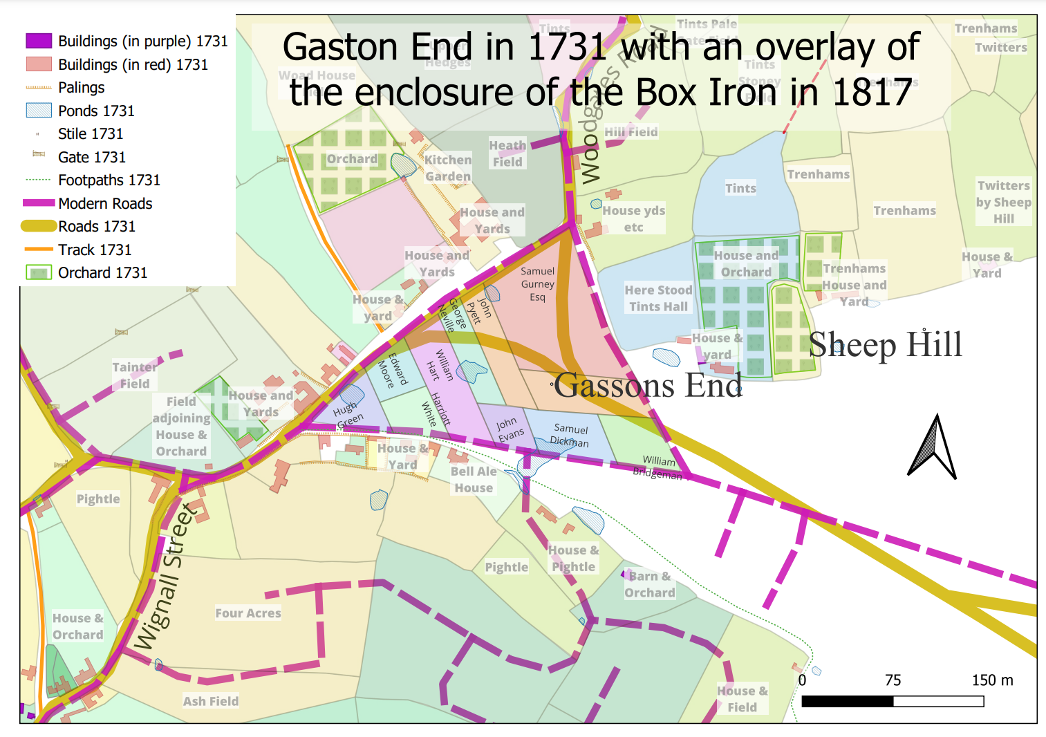 Gastons End East Bergholt 1731 with Box Iro enclosure and Modern Roads<br>
