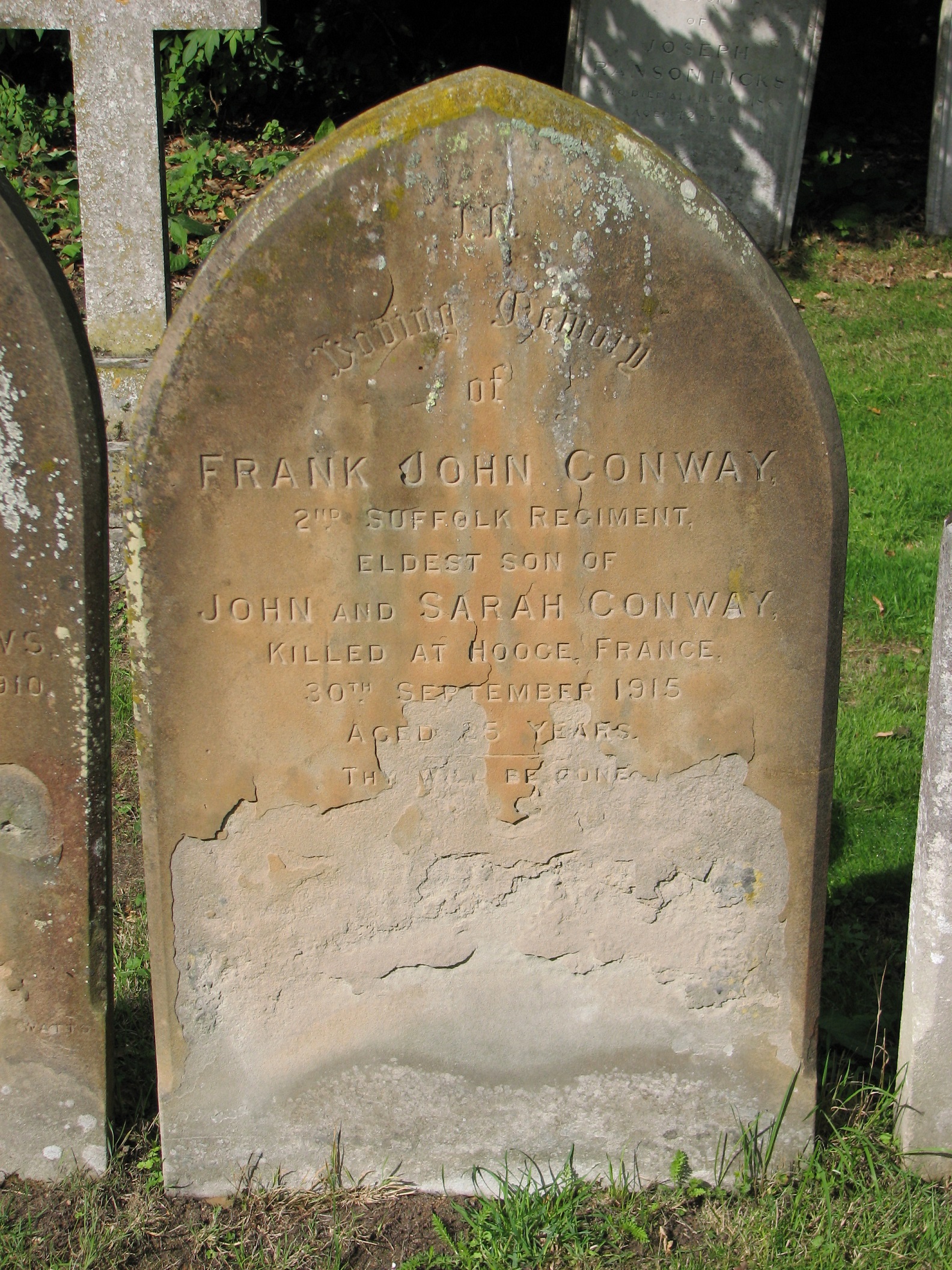 The stone commemorating Frank in East Bergholt Cemetery<br>MA