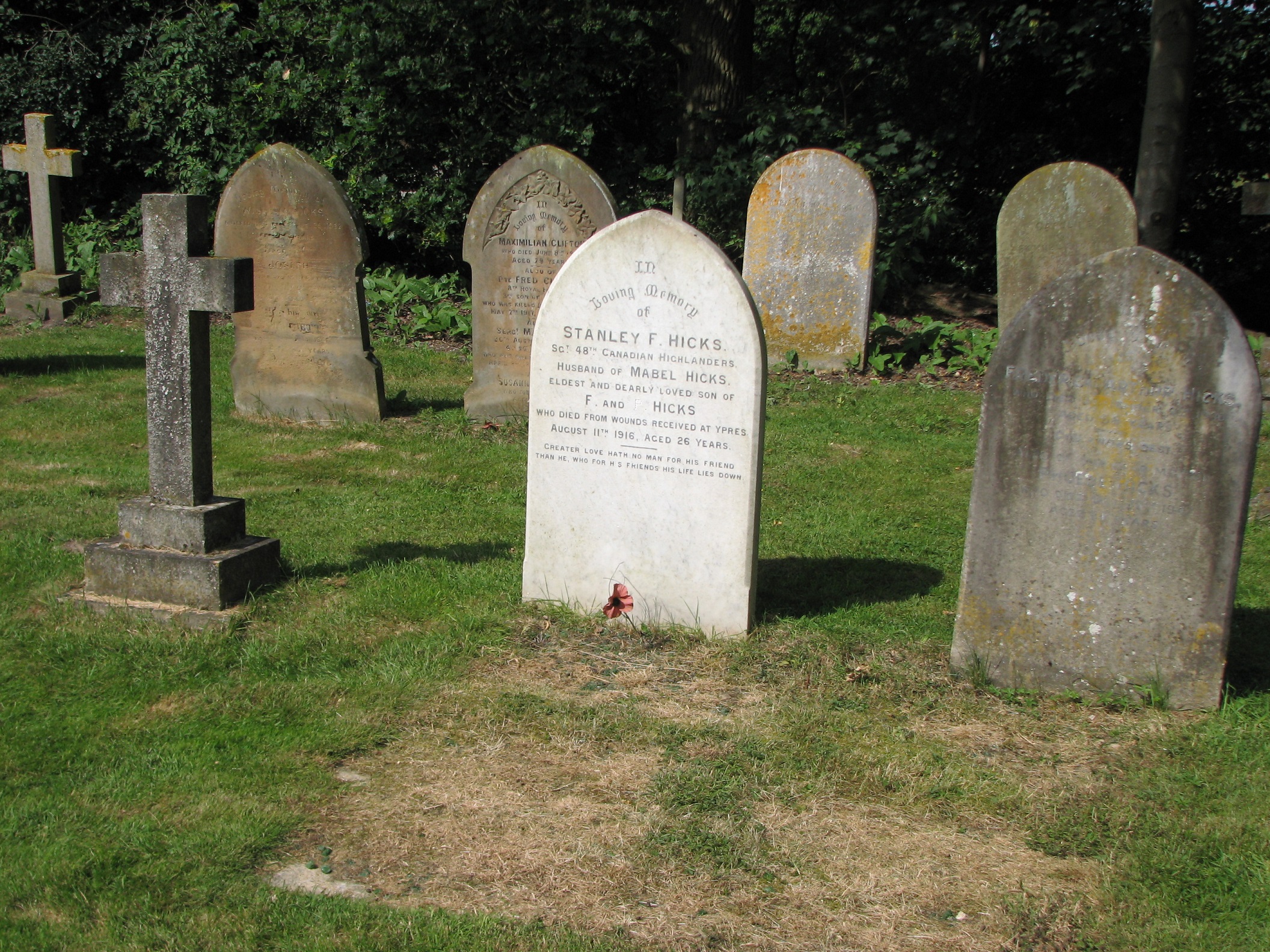 Stanley's headstone (centre) next to that of his Parents (right) - East Bergholt Cemetery<br>MA