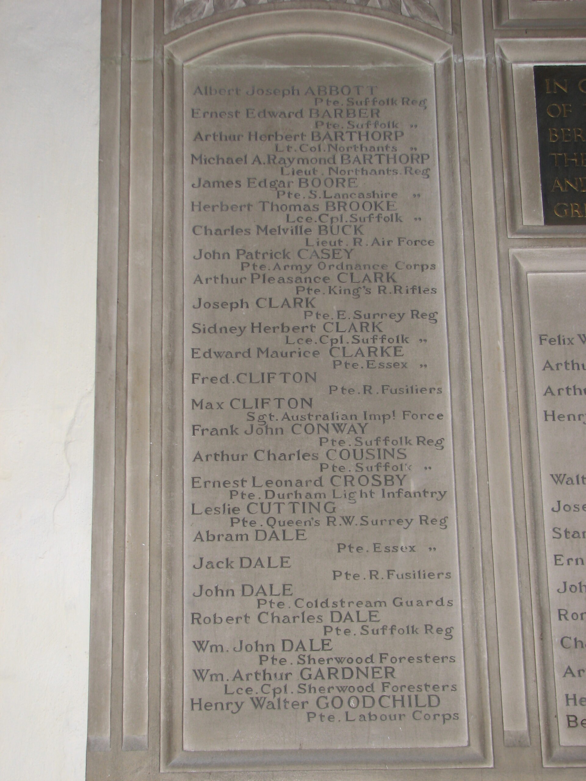 Left Hand Panel of the Names on the Village Memorial to the Fallen of The Great War<br>St. Mary's Church<br />MA