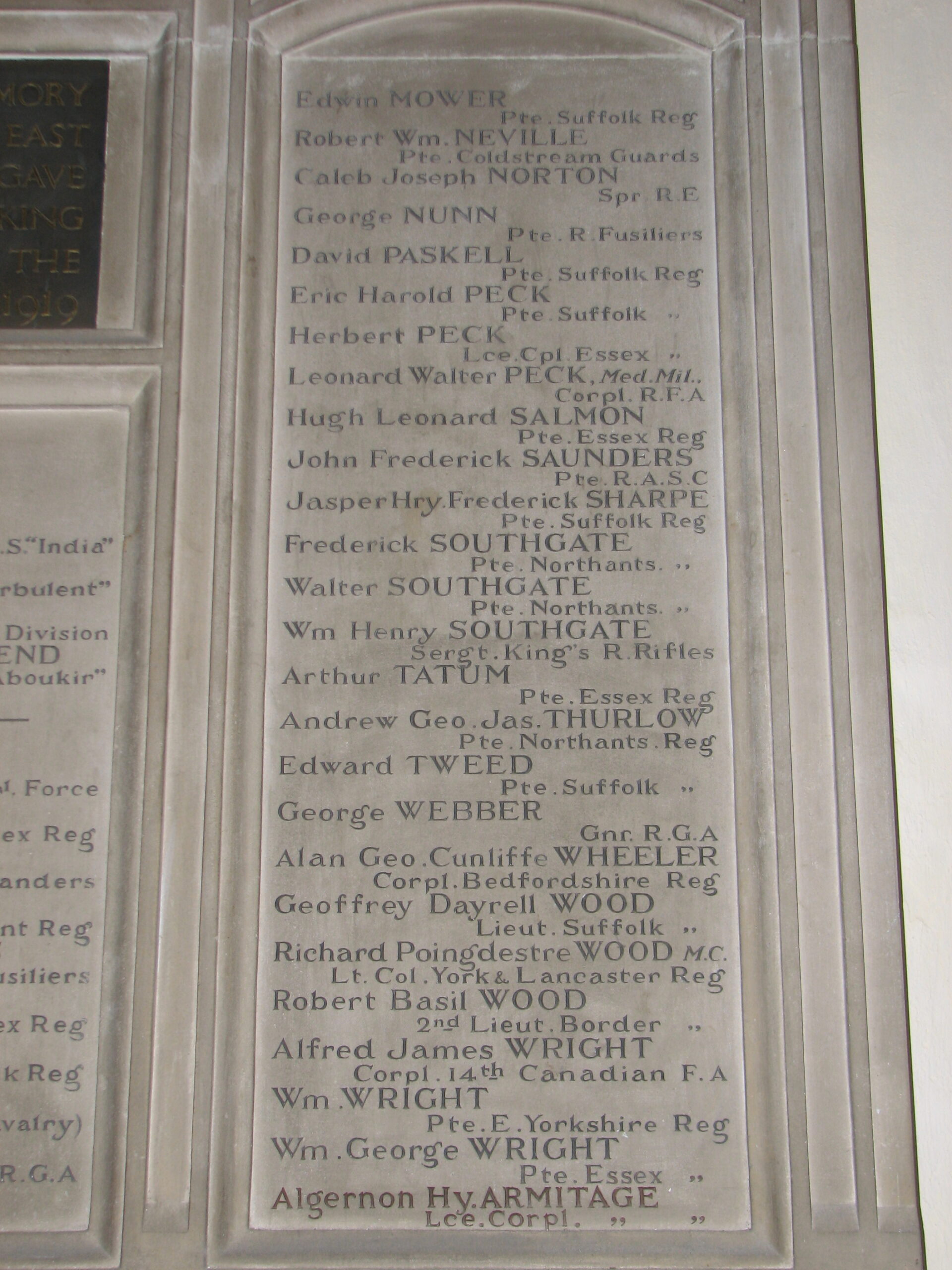 Right Hand Panel of the Names on the Village Memorial to the Fallen of The Great War<br>St. Mary's Church<br />MA