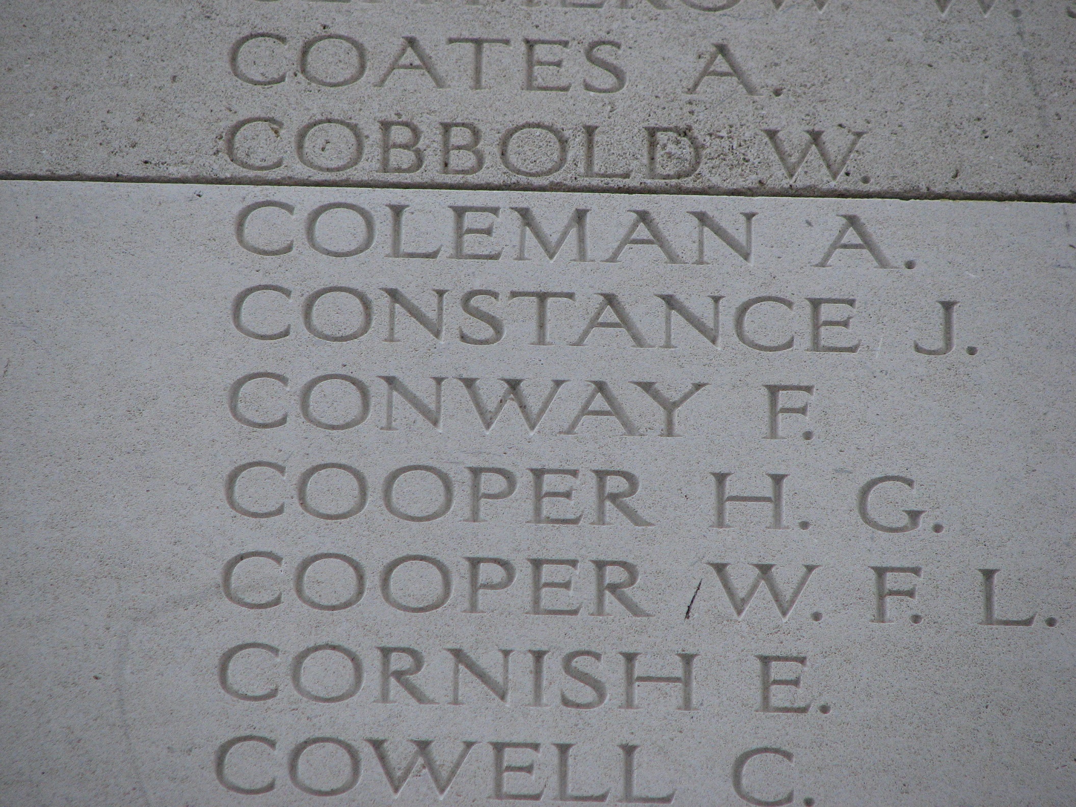 Frank's name inscribed on Panel 21 of the Menin Gate Memorial, Ieper<br>MA
