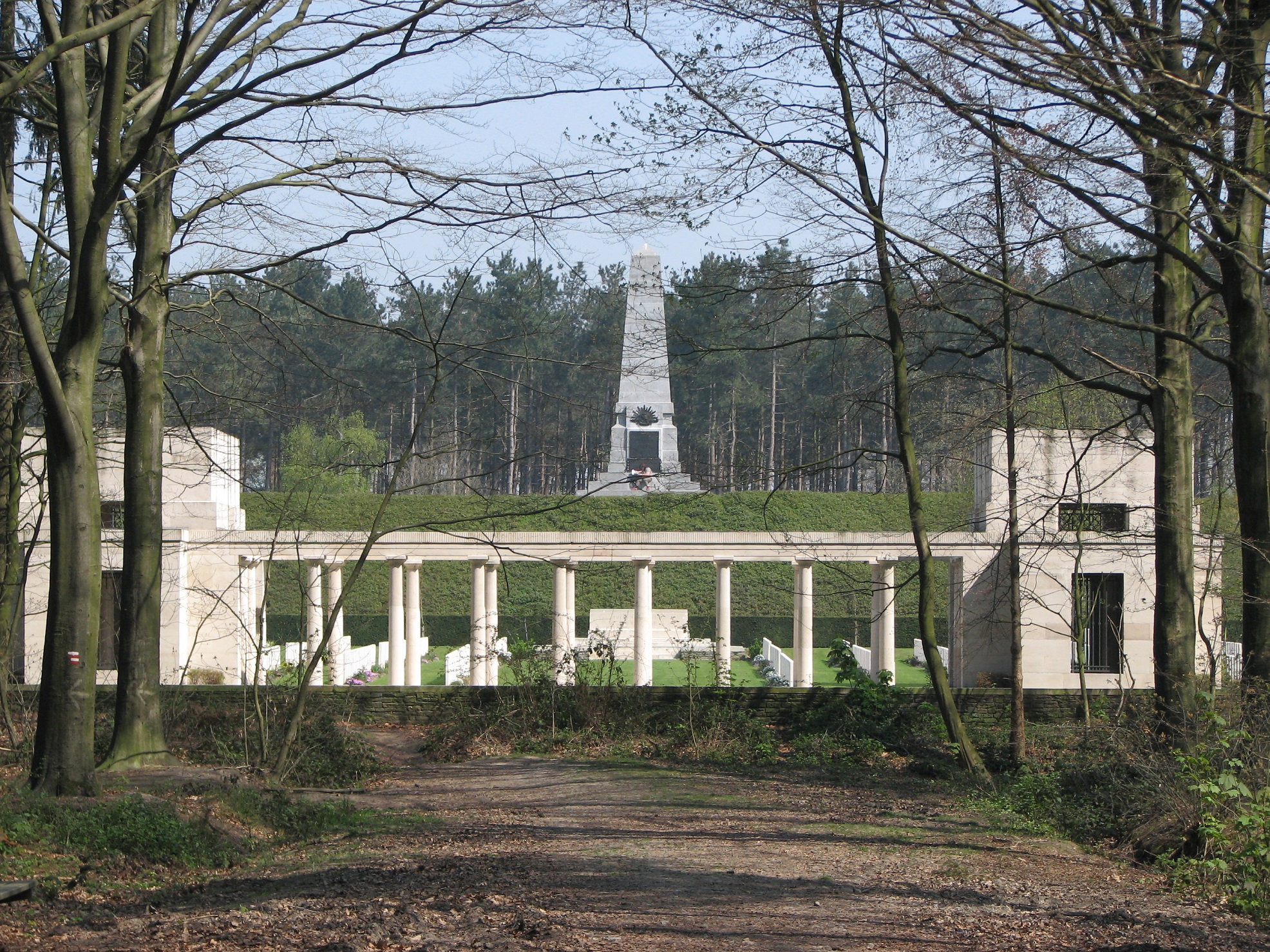 The Australian 5th Division Memorial on top of the old rifle butte in Polygon Wood.  Photographed in 2007.<br>In the foreground can be seen the New Zealand Memorial to the Missing and the Buttes New British Cemetery<br />MA