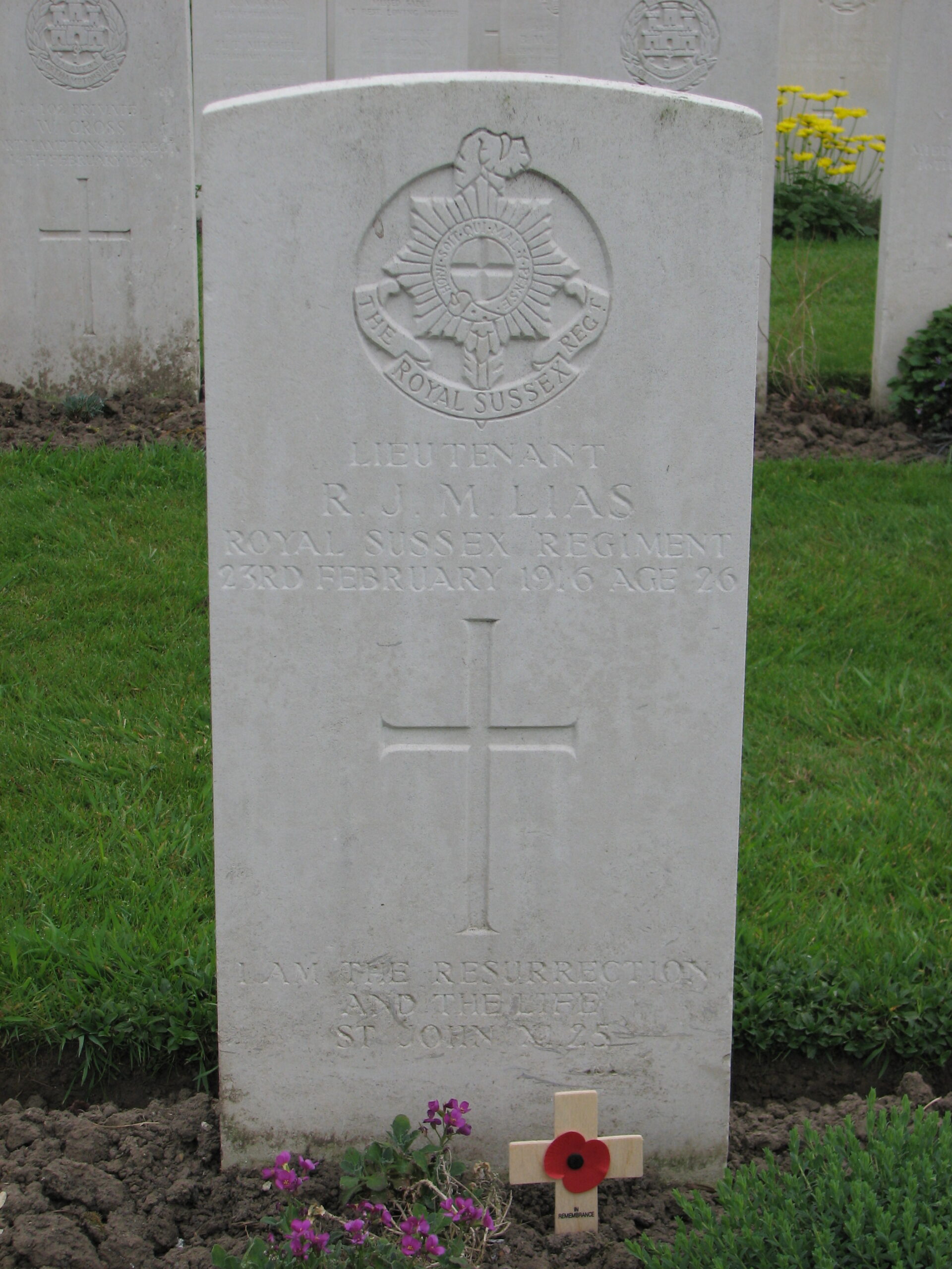 Ronald's headstone in the Menin Road South Military Cemetery<br>MA