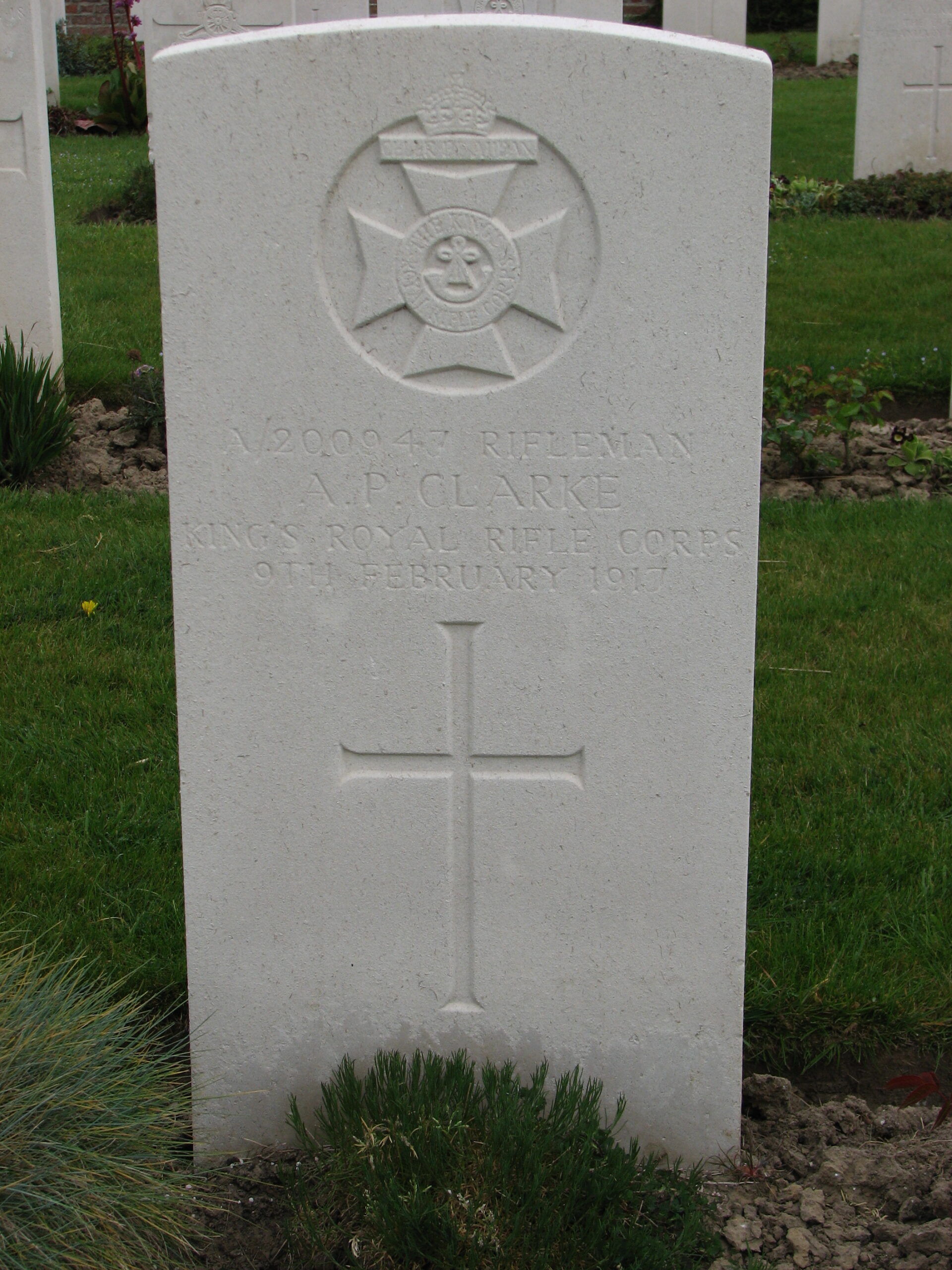 Arthur's headstone in La Clytte Military Cemetery<br>Note the spelling of his surname as Clarke. <br />MA