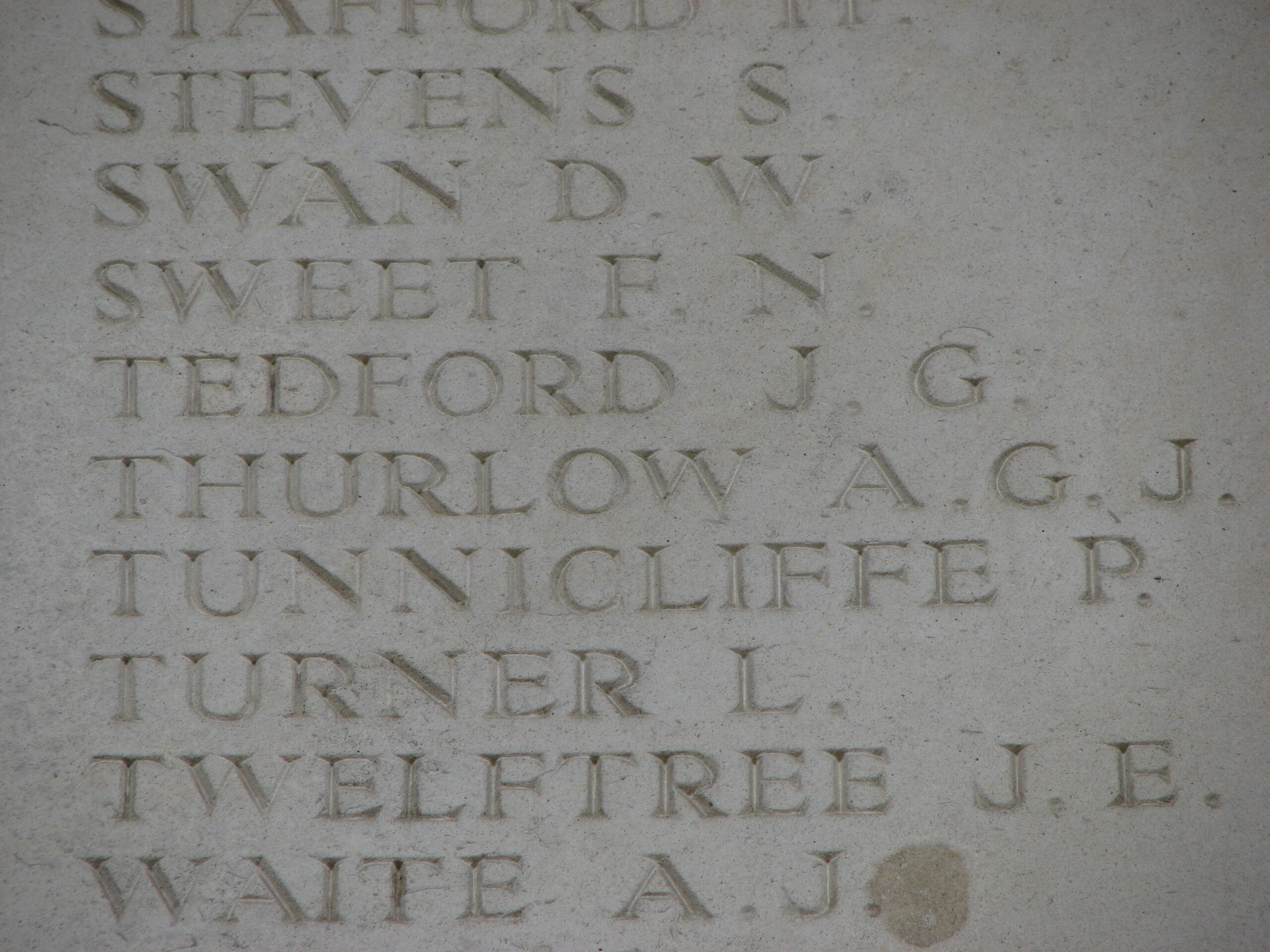 Andrew's name inscribed on the Ploegsteert Memorial<br>MA