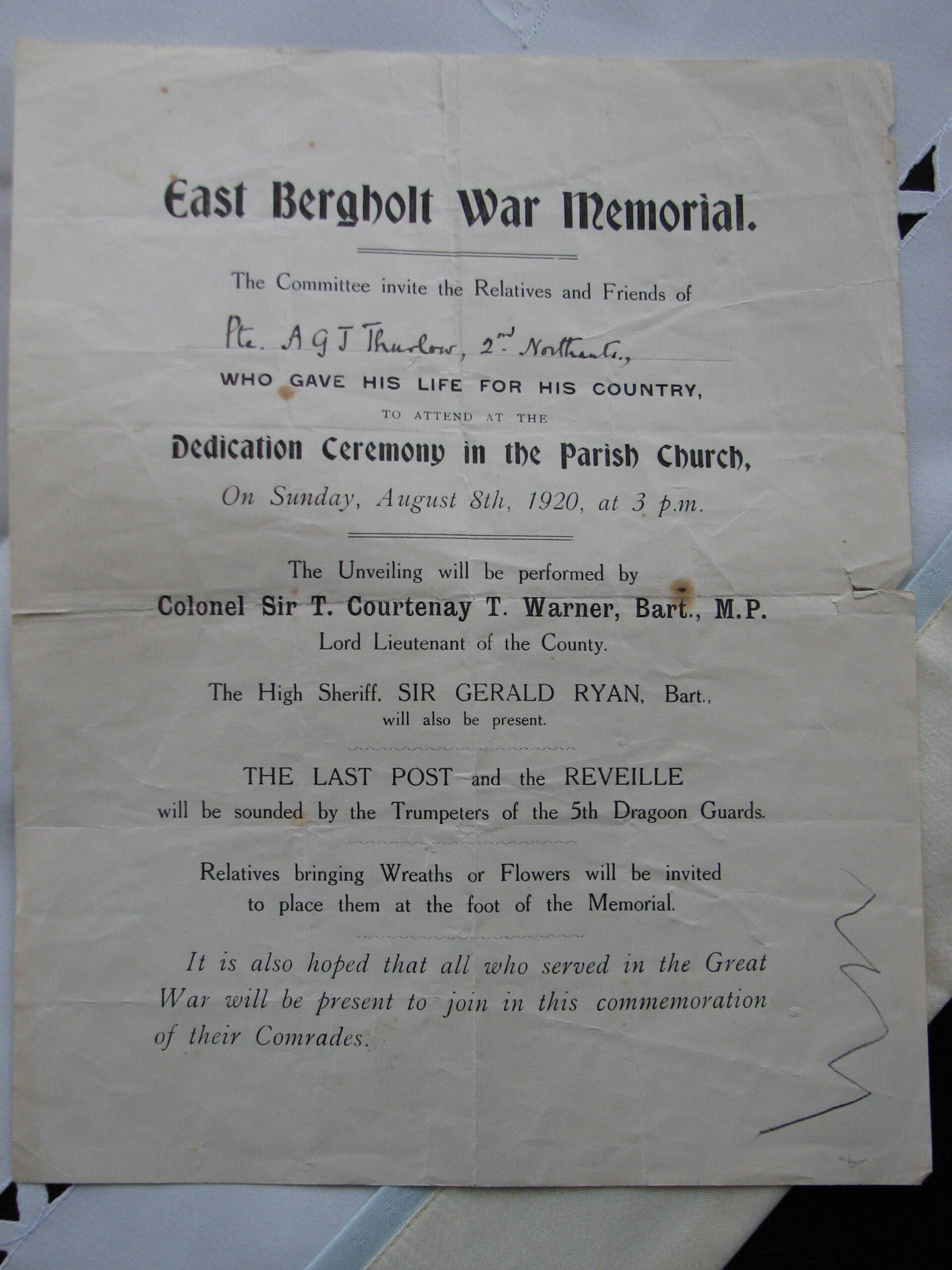 An invitation to the Unveiling and Dedication of the East Bergholt War Memorial<br>It is believed that this particular invitation was sent to Mr Brice Bird, Andrew Thurlow's half-brother.<br />With grateful thanks to the late Mrs A. De'Ath