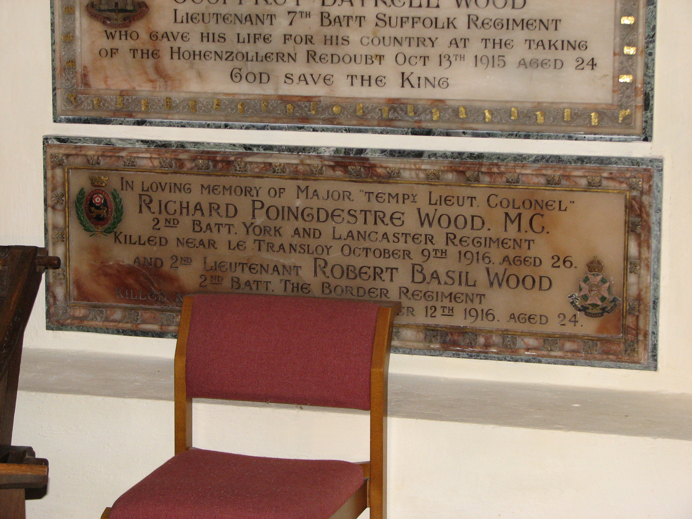 The tablet in memory of Basil and his brother Richard, in the Chancel of St. Mary's Church<br>The tablet in memory of their brother Geoffrey, can be seen just above.<br />MA