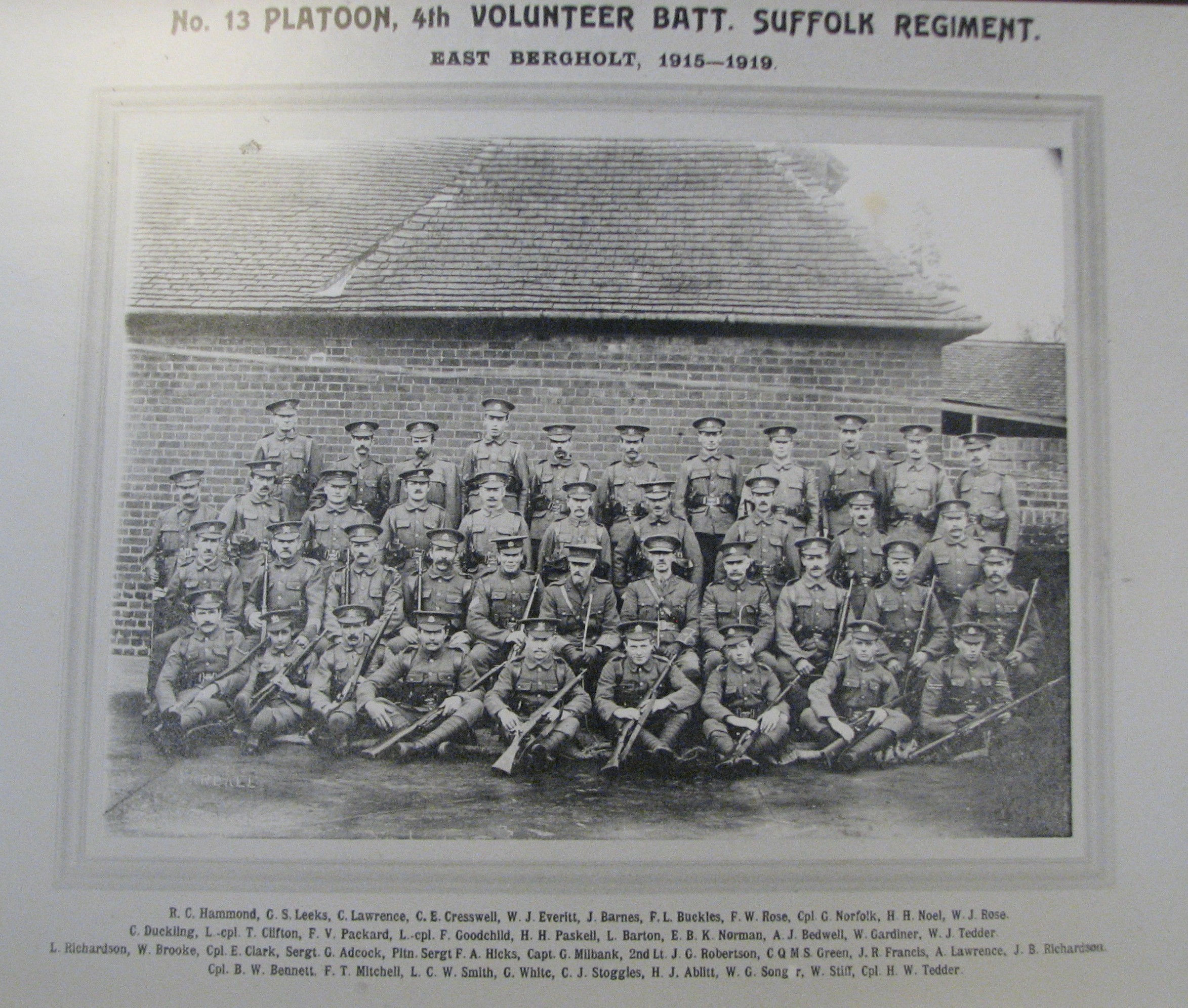 <br>The East Bergholt Volunteer Training Corps (V.T.C.), following the July 1918 reorganisation when they were renamed.<br />Photograph courtesy of the East Bergholt Society