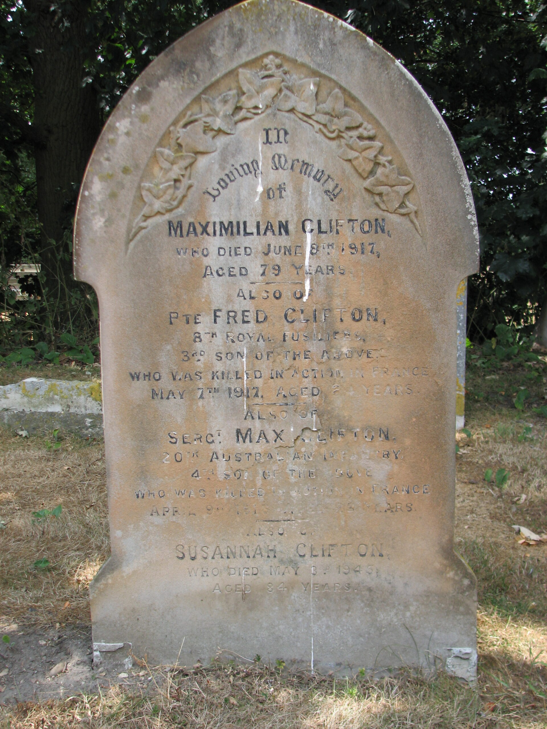 Charles (Maximillian) and Susannah Clifton's headstone in East Bergholt Cemetery<br>MA