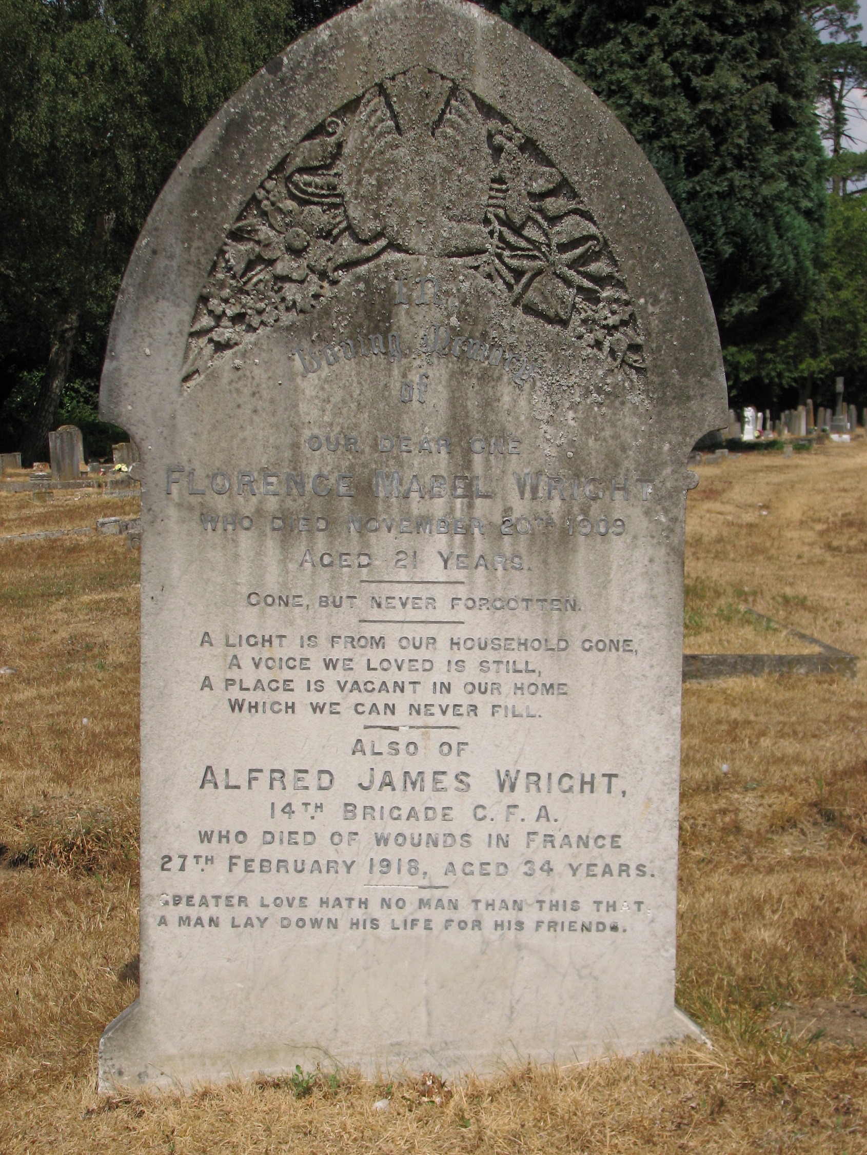 Alfred is also remembered on his sister, Florence's headstone in East Bergholt Cemetery<br>MA