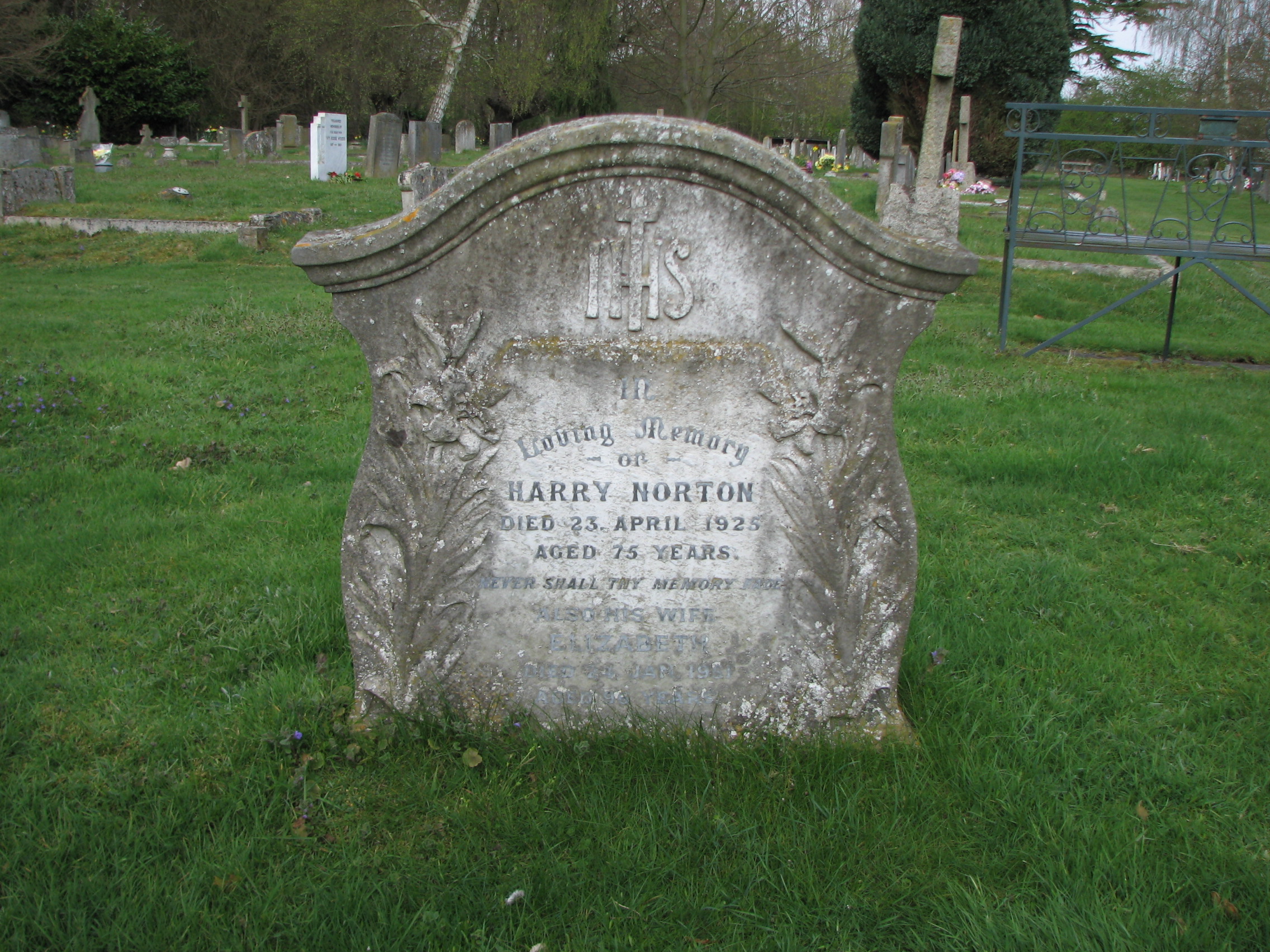 The gravestone of Caleb's grandparents, Harry and Elizabeth Norton, in East Bergholt Cemetery<br>MA