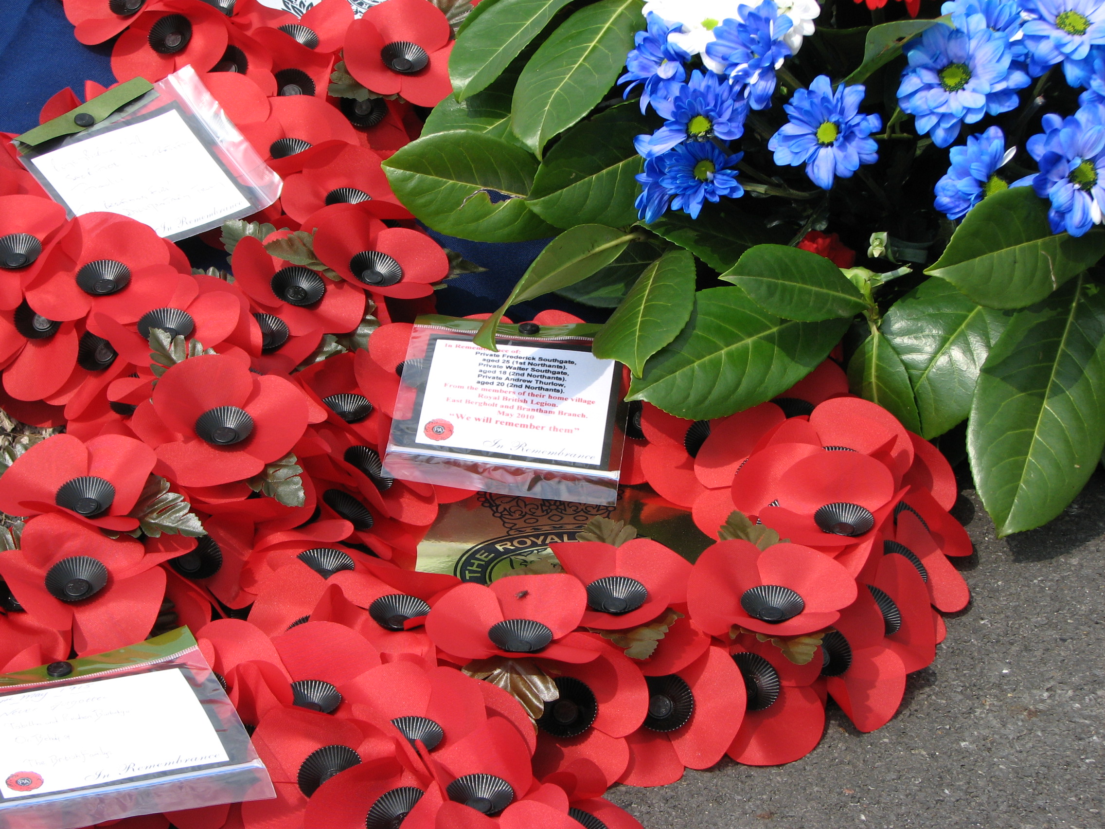 The wreath laid on behalf of the East Bergholt Branch of the Royal British Legion, at the Memorial Service to mark the 95th Anniversary of the Battle of Aubers Ridge.  9th May 2010.<br>MA