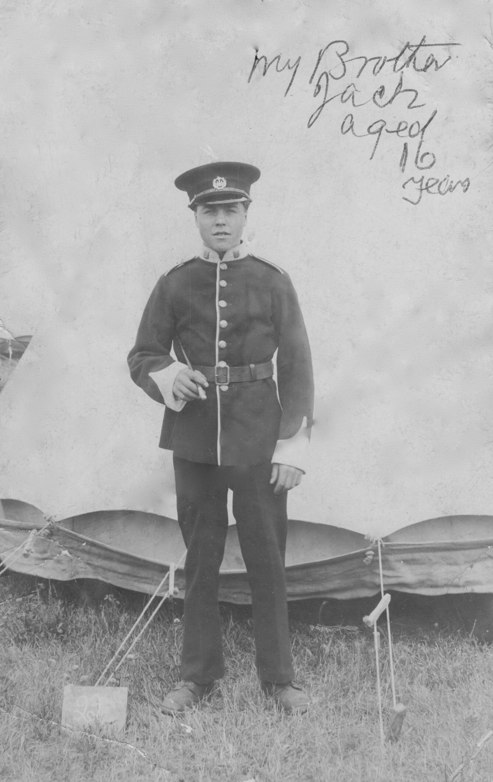 Jack Dale - Photograph taken whilst he was with the Essex Regiment<br>The writing is by Jack's sister May, who - after the War - married Walter Peartree, from White Horse Road.<br />Photograph courtesy of Clare McCall