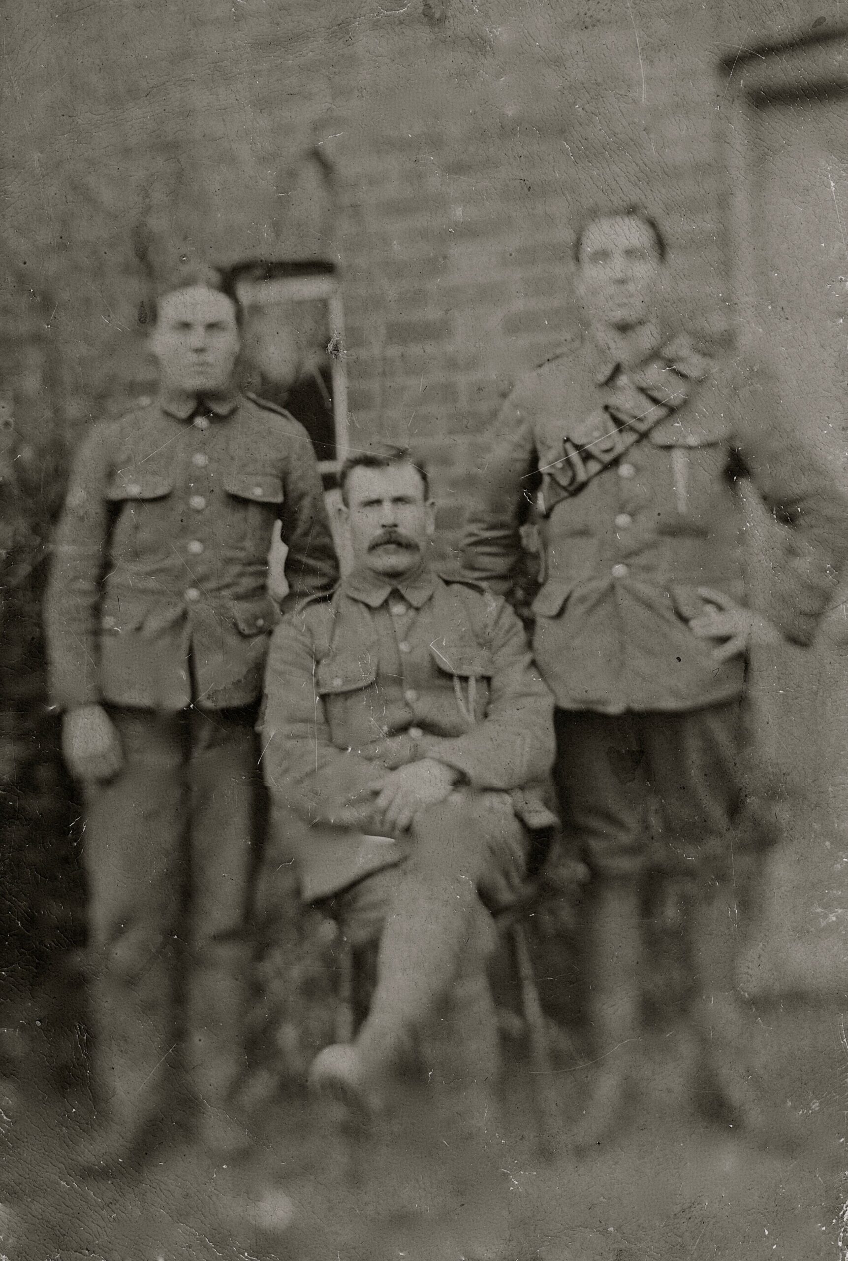 Jack Dale - left - with his father Abram and elder brother, William<br>Both Abram and William survived the War.  This photograph appears to have been taken outside Holly Cottages at East End.<br />Photograph courtesy of Clare McCall