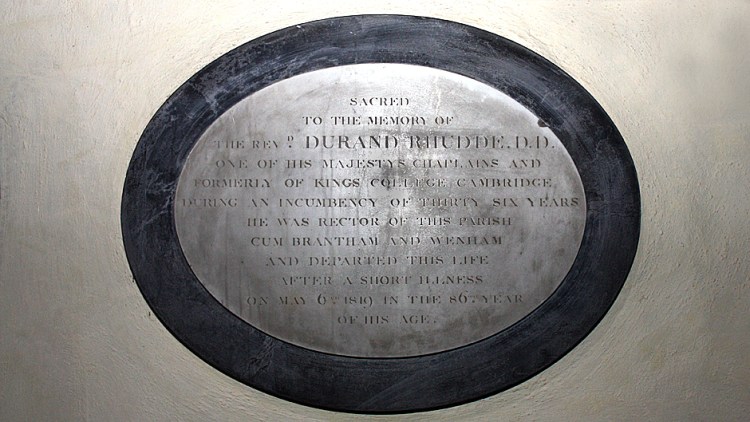 Memorial to Dr Durant Rhudde inside East Bergholt Church<br>